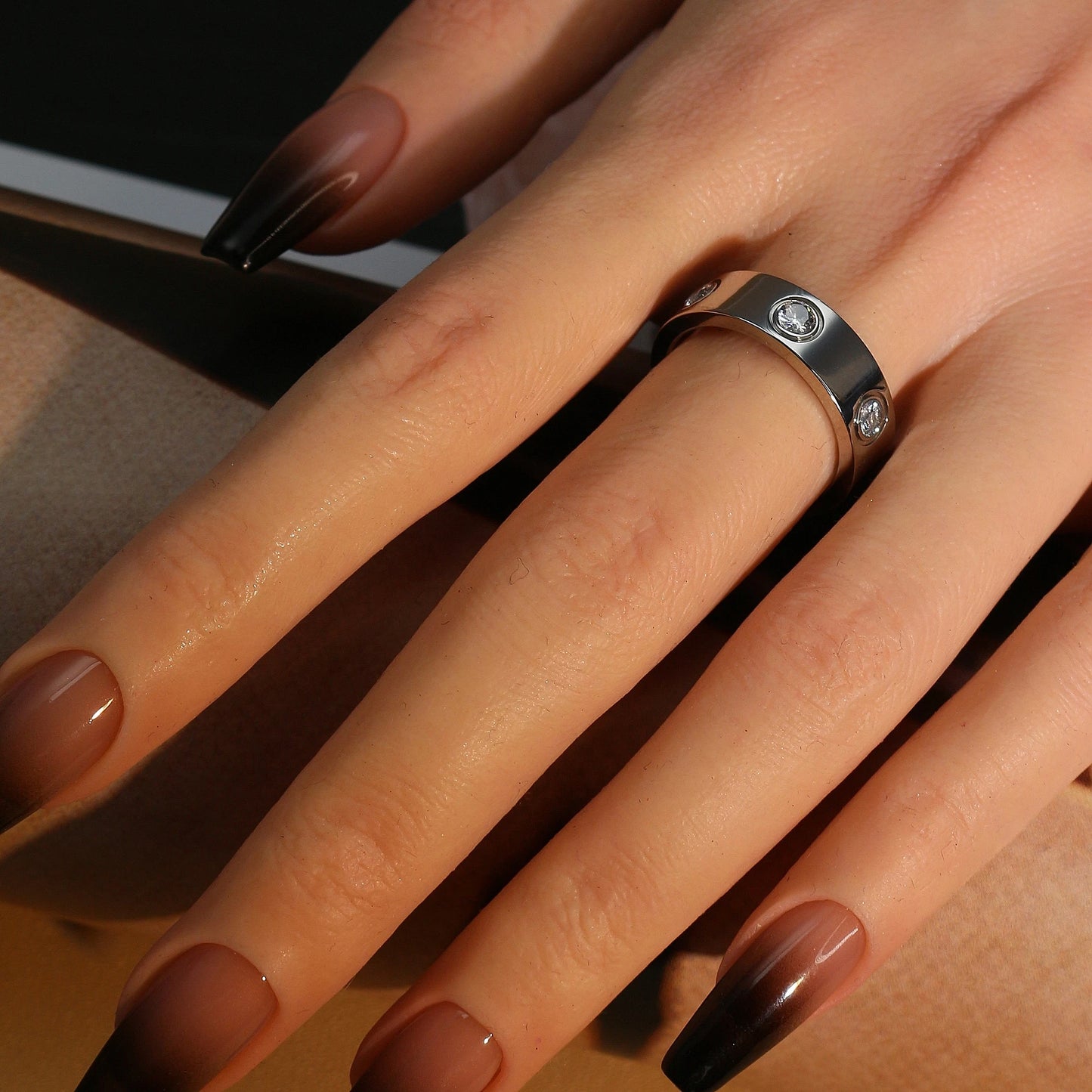 2-in-1 Women 18K Gold-Plated Stainless Steel Bracelet Ring Jewelry Set.