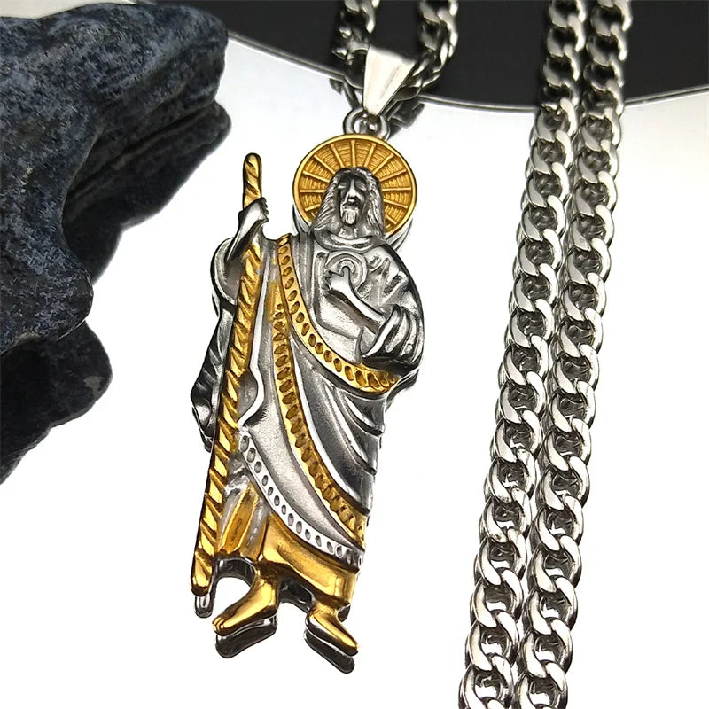 Men Stainless Steel Gold Color Christian Jesus Cross Crucifix Pendant Necklace