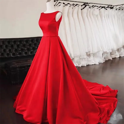 Women's Scoop Neck Sweep Train Prom Backless A-line Satin Long Formal Evening Party Dress w/ Pockets