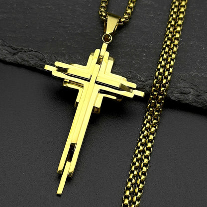 Men Women Gold Silver Color Hip Hop Crucifix Chain Amulet Stainless Steel Multi-layer Jesus Cross Pendant Necklace