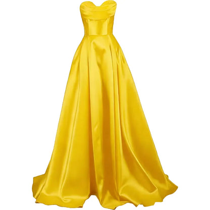 Sweetheart Strapless Pleat Satin Prom Women Long A Line Corset Formal Evening Party Dress w/ Pockets