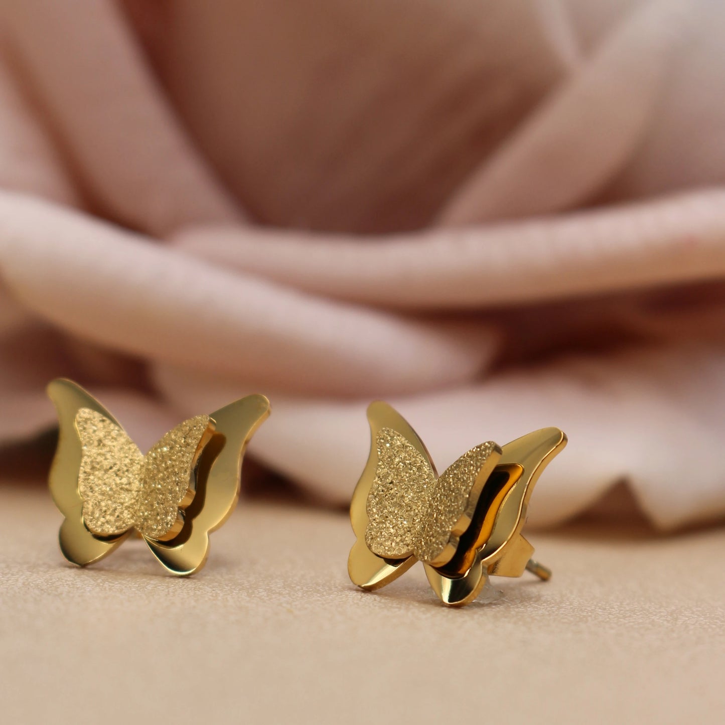 Sweet Romantic Gold Color Three-Dimensional Butterfly Design Stainless Steel Stud Earrings