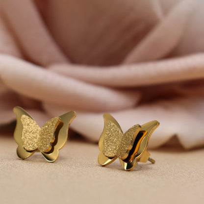 Sweet Romantic Gold Color Three-Dimensional Butterfly Design Stainless Steel Stud Earrings