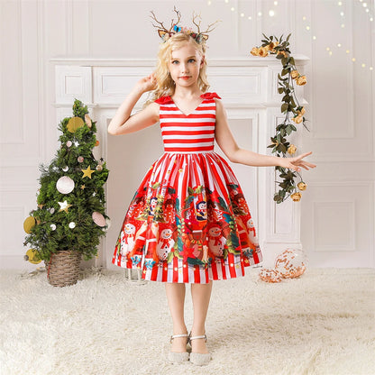 Girls Kids New Year Party Santa Claus Snowman Print Cosplay Costume Xmas Princess Theme Party Dress