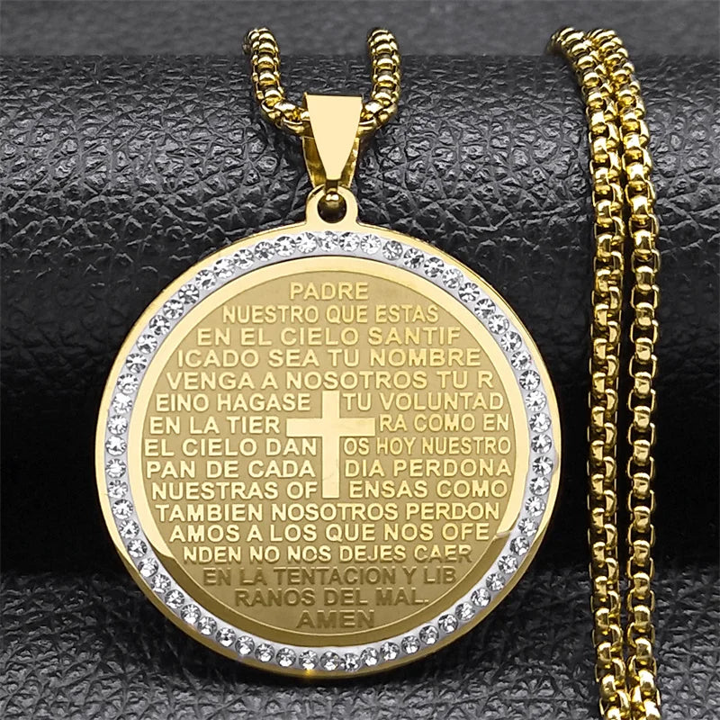 Women Men Stainless Steel Jesus Lord Prayer God Cross Bible Spanish Verse Necklace