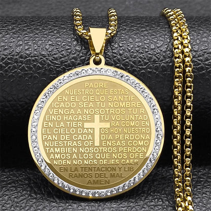 Women Men Stainless Steel Jesus Lord Prayer God Cross Bible Spanish Verse Necklace