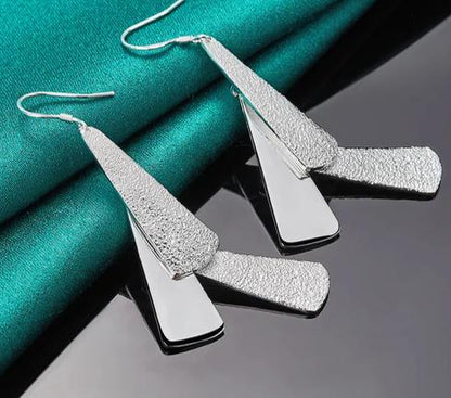 Women 925 Sterling Silver Frosted Long Geometric Charm Fashion Wedding Engagement Drop Earrings