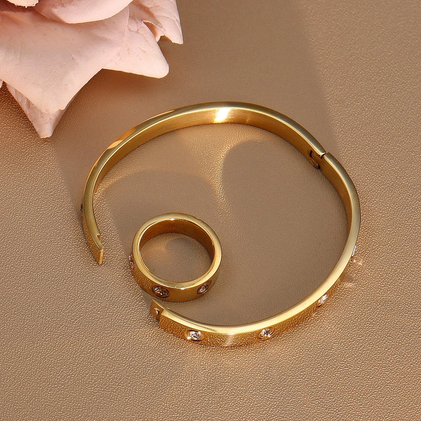2-in-1 Women 18K Gold-Plated Stainless Steel Bracelet Ring Jewelry Set.