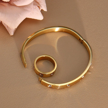 2-in-1 Women 18K Gold-Plated Stainless Steel Bracelet Ring Jewelry Set.