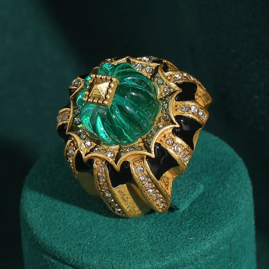 Women Vintage Pumpkin Blue Crystal Open Black Dripping Oil Halloween Ring