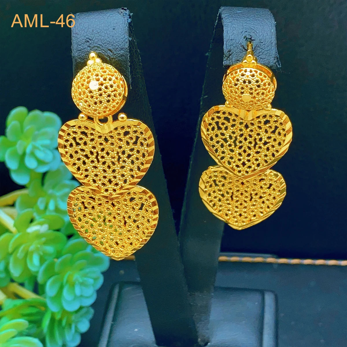 Dubai 24K Gold Plated Women Heart African Indian Bridal Wedding Necklace Earrings Jewelry Set