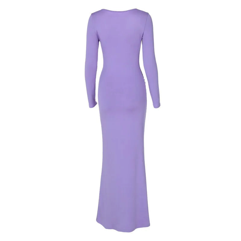 Women Square Collar Long Sleeve Long Gown Fashion Elegant Solid Bodycon Maxi Dress