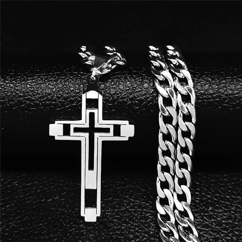 Men Fashion Cross Gold Stainless Steel Choker Cross Stainless Steel Choker Pendant Necklace
