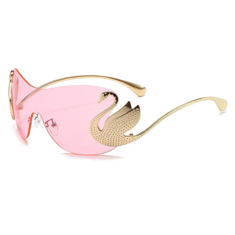 Y2k Women Fashion Swan Inlay Gradient Lens Shades Oversized Rimless Sunglasses Glasses