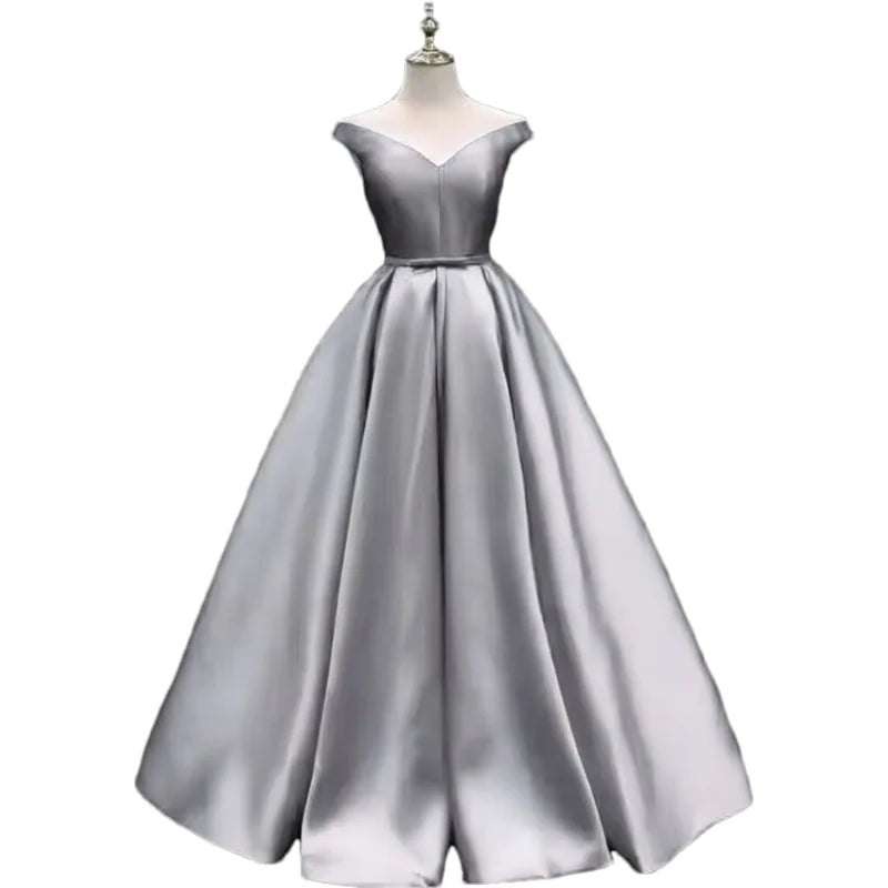 Off-Shoulder A-Line Satin Formal Women Prom Long Evening Party Gown Dress w/ Pockets