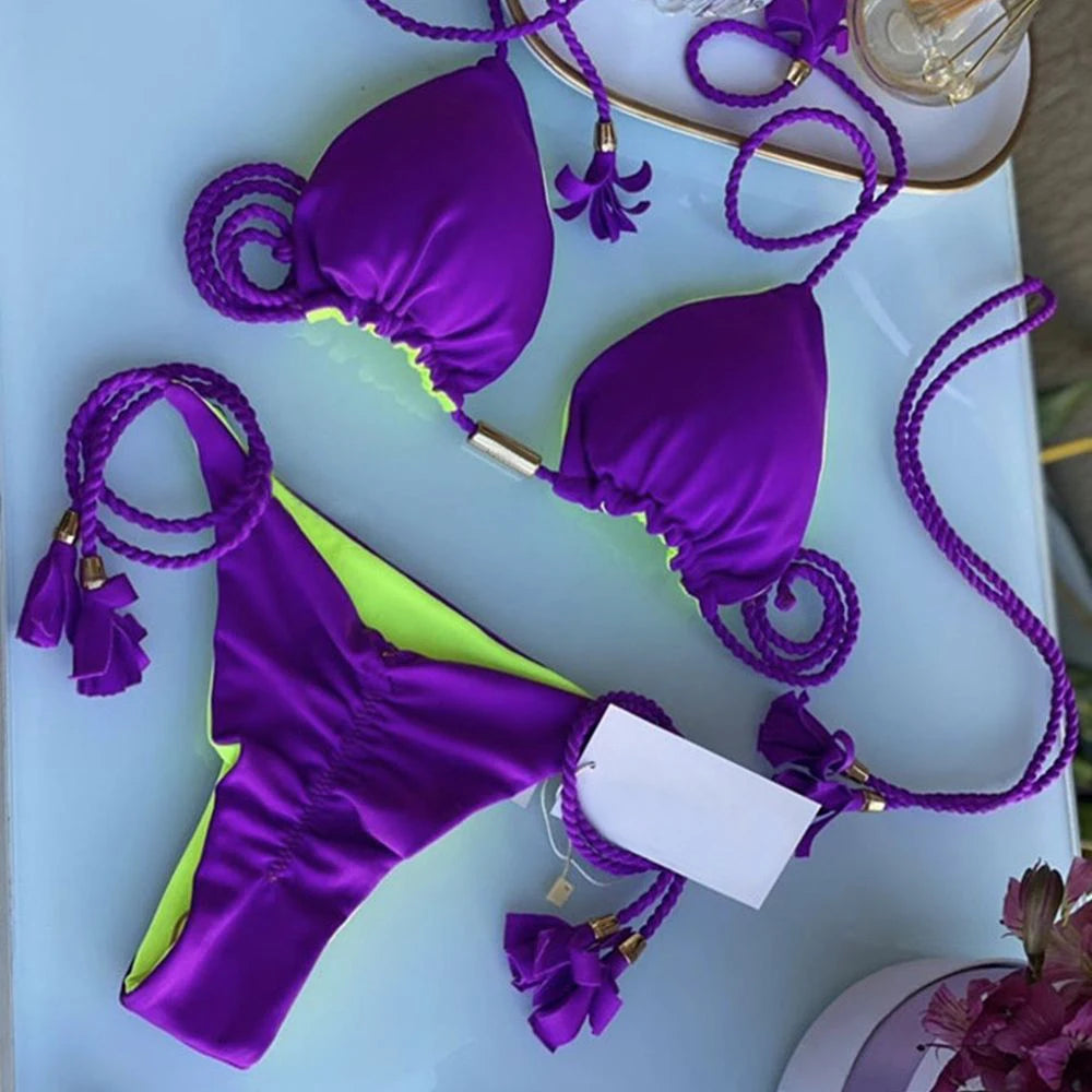 Sexy Separate Triangle Pure Color Rope Weaving Multicolor Bikini Swimsuit Suit