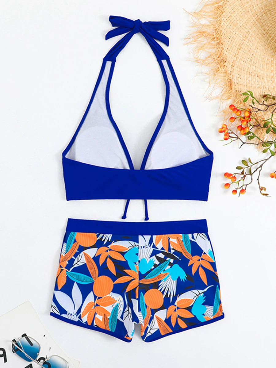 Halter Bikini Short Swimsuit Women High Waist Swimwear Printed Swimming Suit