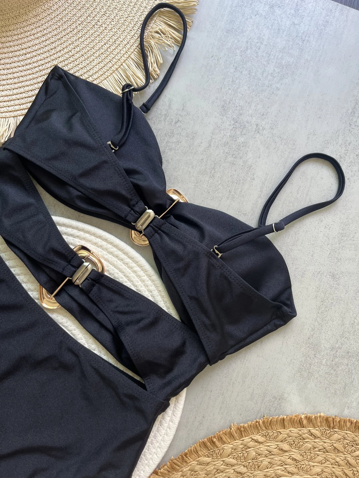 Sexy Metal Rings Cut Out Swimwear One Piece Swimsuit High Leg Cut Bather Bathing Suit