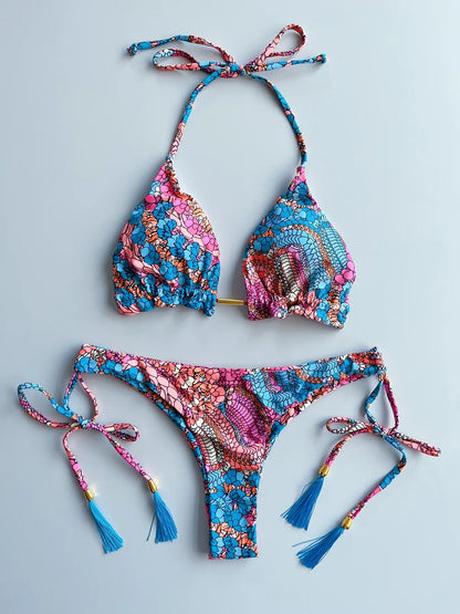 Sexy print bikini swimsuit split straps tassels 2-piece summer beach swimsuit Suit