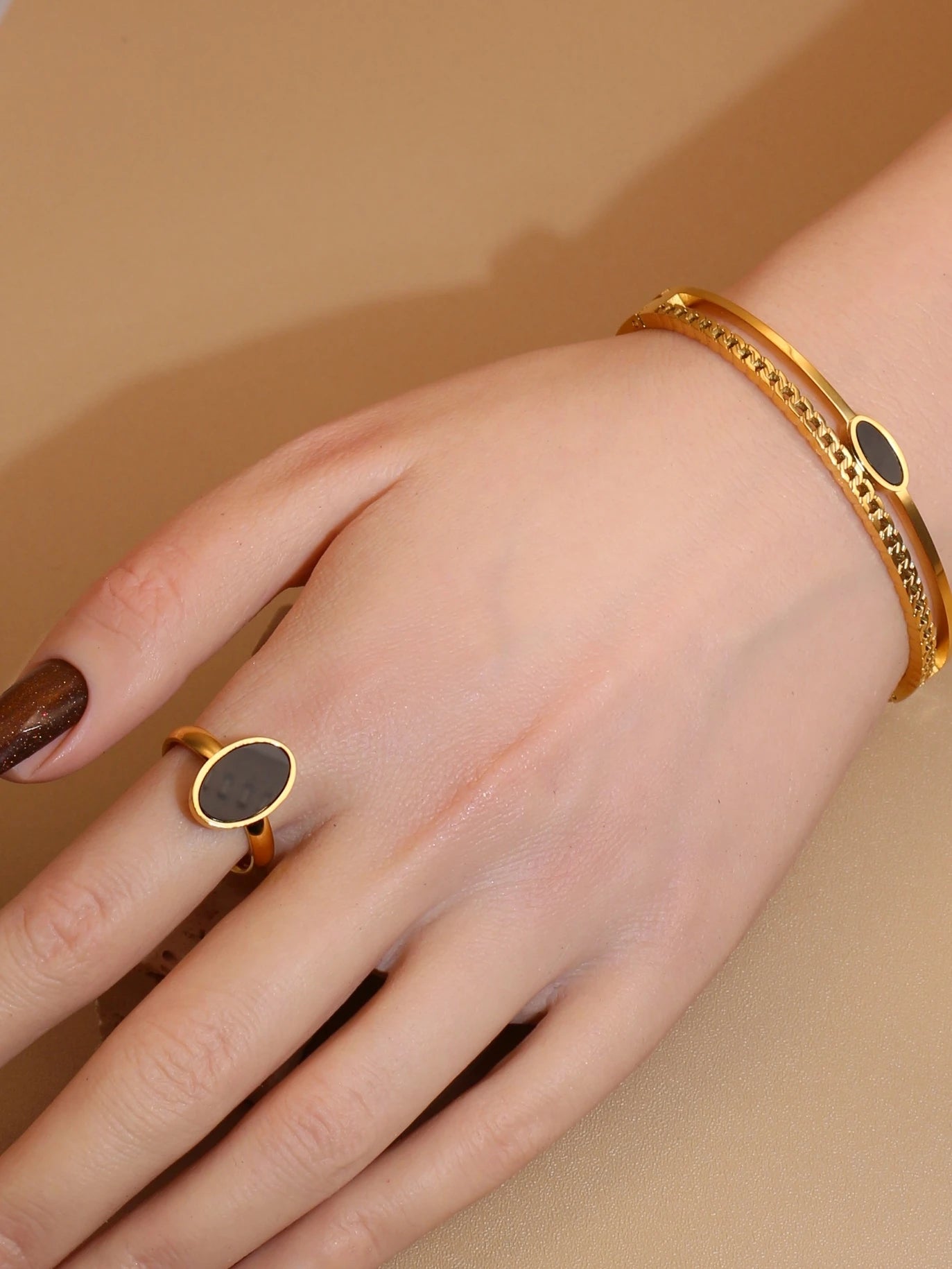 Luxury 2-In-1 Wedding Gold Black Acrylic Stainless Steel Ring Bangles Set