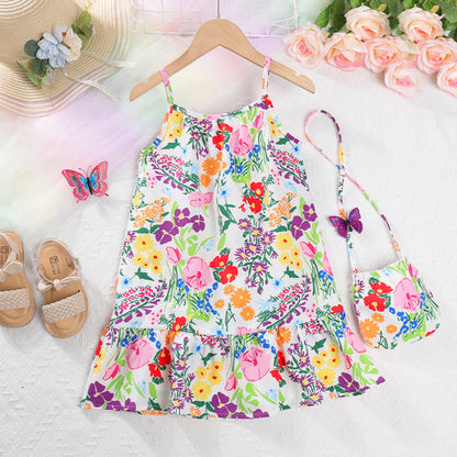 Kids Girls Flower Print Sleeveless Strap Fashion Birthday Beach Holiday Print Dress