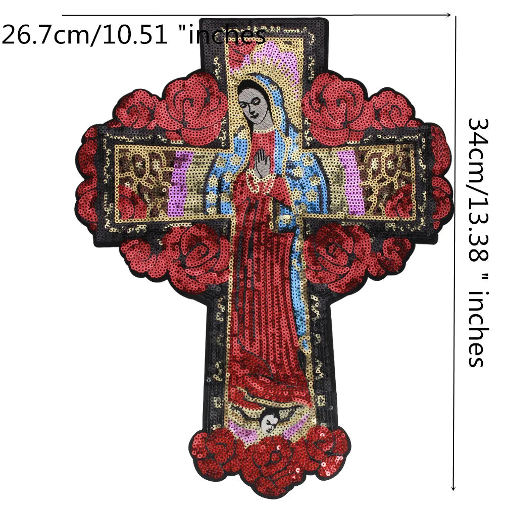 Large Sequins cross rose Blessed Virgin Mary Goddess Embroidery Patches for Clothes DIY sew Stripes Applique