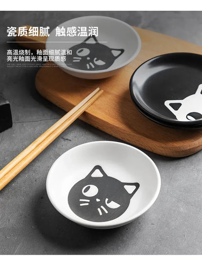 Ceramic Cartoon Cat Japanese Soy Sauce Vinegar Roast Meat Dip Round Snack Plate Bowl Dishes