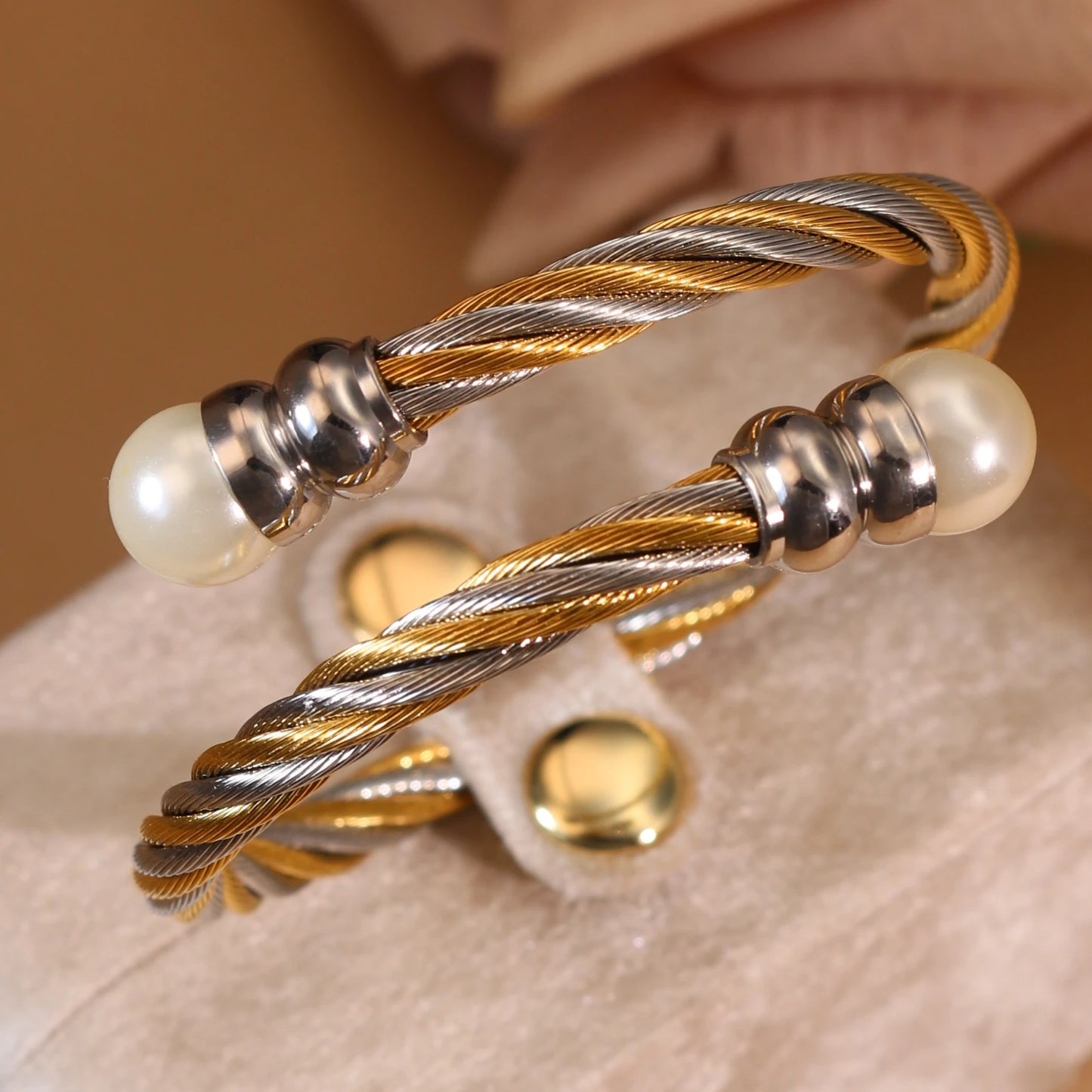 Women Fashionable Double Heart Stainless Steel Pearl Adjustable Bracelet Bangle