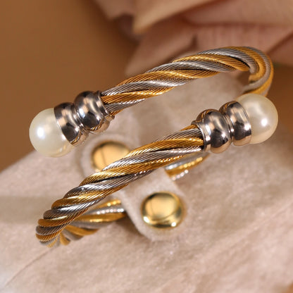 Women Fashionable Double Heart Stainless Steel Pearl Adjustable Bracelet Bangle