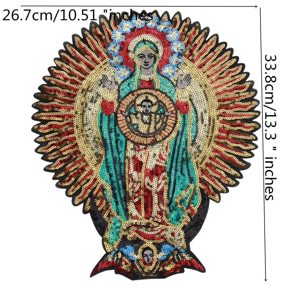 Large Sequins cross rose Blessed Virgin Mary Goddess Embroidery Patches for Clothes DIY sew Stripes Applique