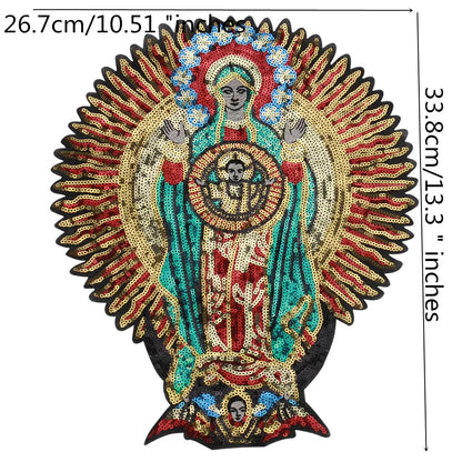Large Sequins cross rose Blessed Virgin Mary Goddess Embroidery Patches for Clothes DIY sew Stripes Applique