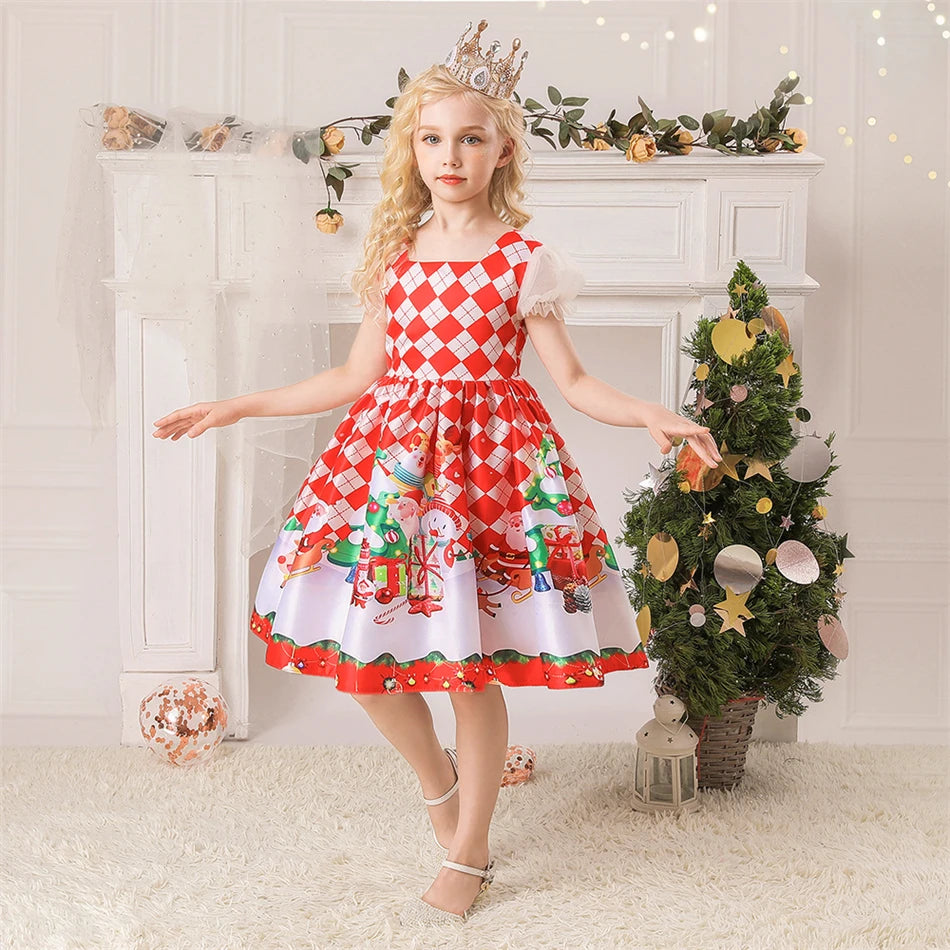 Girls Kids New Year Party Santa Claus Snowman Print Cosplay Costume Xmas Princess Theme Party Dress