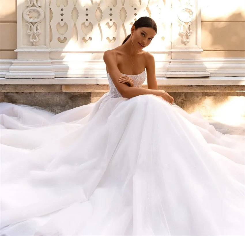 Boho Strapless Long Tulle Sleeves A Line Wedding Sweep Train Bridal Princess Dress