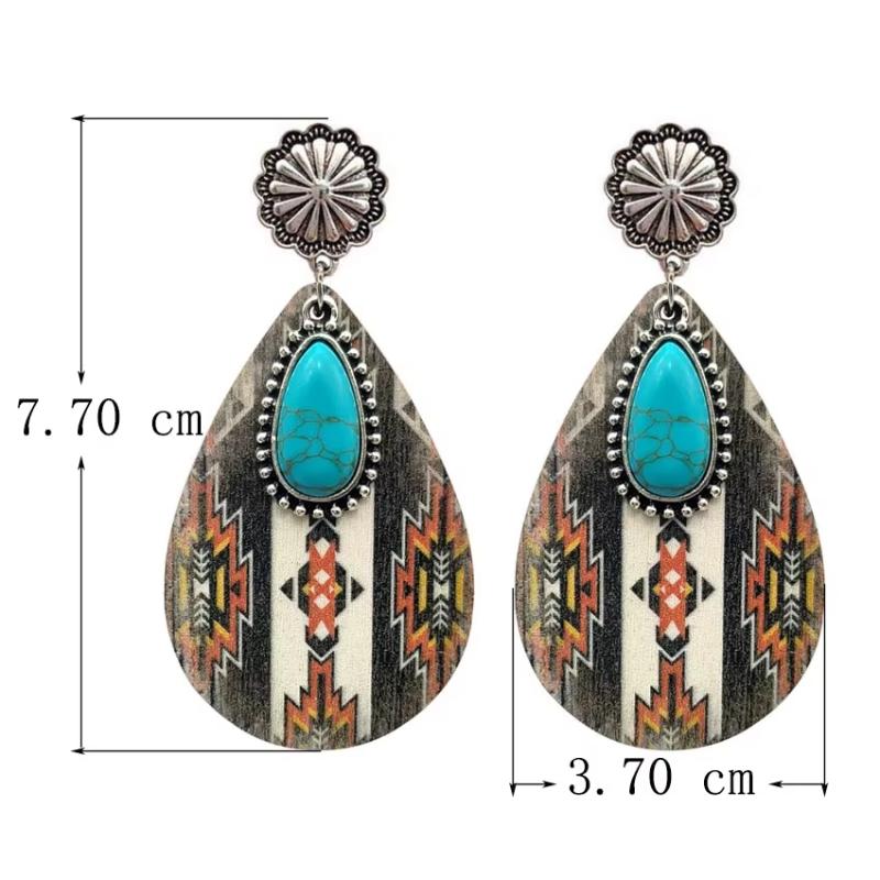 Women Turquoise Teardrop Wooden Aztec Teardrop Earrings