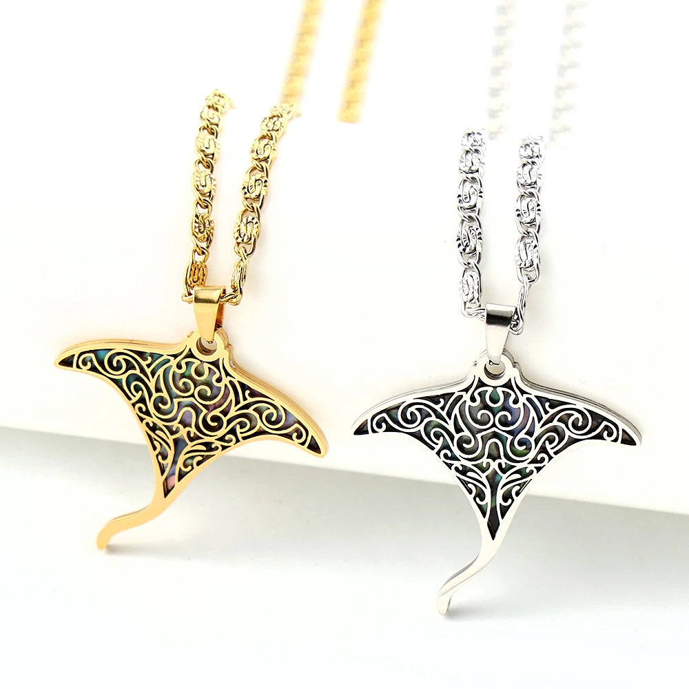Women Men Stainless Steel Gold Color Ocean Animal Manta Ray Sea Devil Fish Abalone Shell Pendant Necklace
