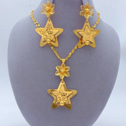 Women Bridal Ethiopian Indian 24k Gold Plated Dubai African Necklace and Earrings Sets