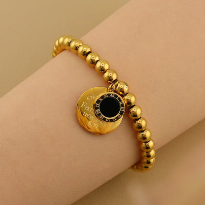 Women Fashion Cutout Medallion Pendant Elastic Rope Stainless Steel Bead Chain Bracelet