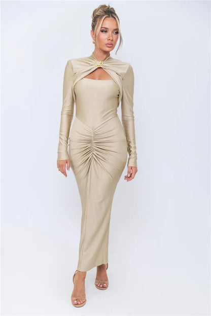 Women Elegant Hollow Out Long Sleeve Maxi  Metal Buckle Ruched Slit Long Dress