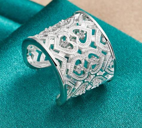 925 Sterling Silver Big Net Women Wedding Engagement Charm Weaving Ring