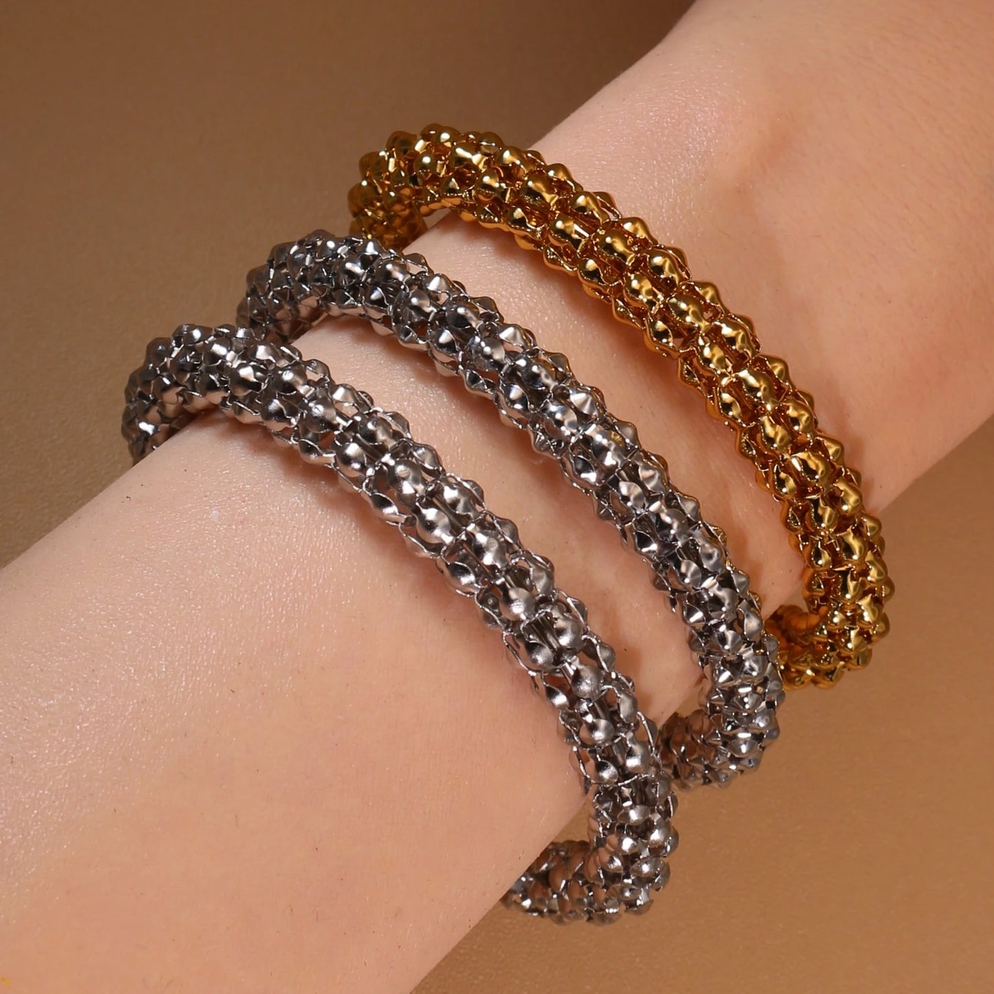 Luxury Women Roman Numeral Bead 18K Gold-Plated Stainless Steel Bangle Bracelet