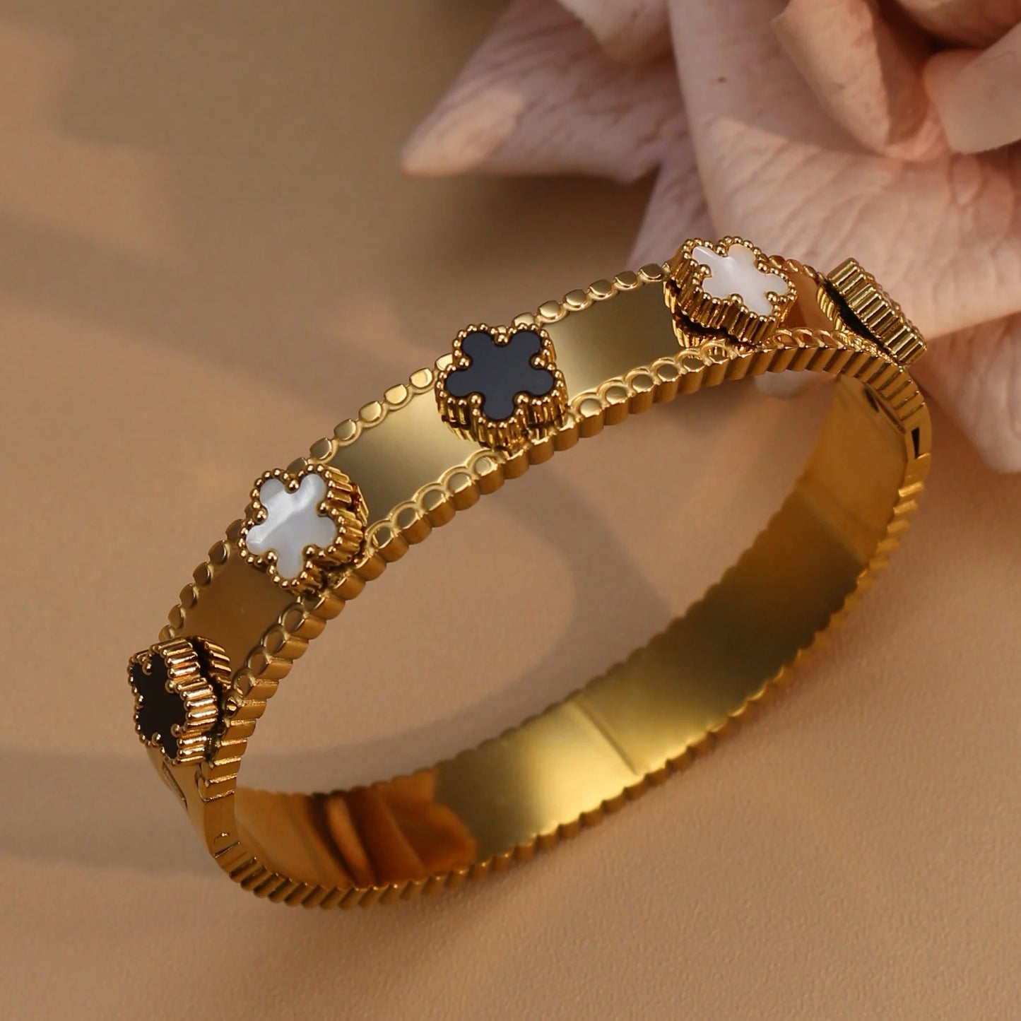 Women Acrylic Flower Shape Stainless Steel 18k Gold Color Bracelet Bangles