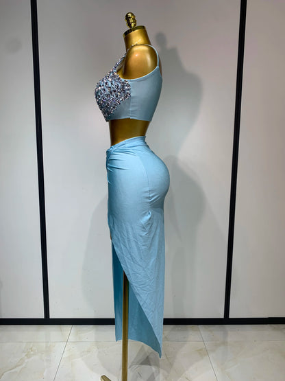 Women Sparkly Rhinestone Crop Tops Long Skirt Two Pieces Birthday Party Dinner Dress