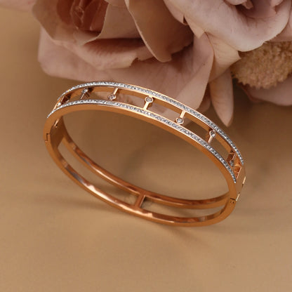 Women Stainless Steel Cross Small Zircon Round Charm Crystal Bangle Bracelet