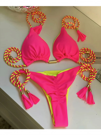 Sexy Solid color Two-piece Triangle Swimwear Braiding Rope Bikini Beach Bathing Brazilian Suit