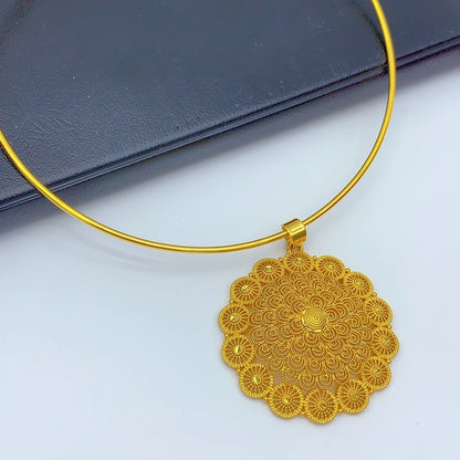 African Dubai 24k Gold Plated Women Ethiopian Indian Bridal Round Necklace Earrings Jewelry Set