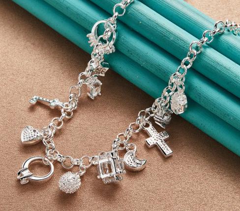 Women 925 Sterling Silver Heart Ball Cross Star Wedding Engagement Pendant Necklace Bracelets Set