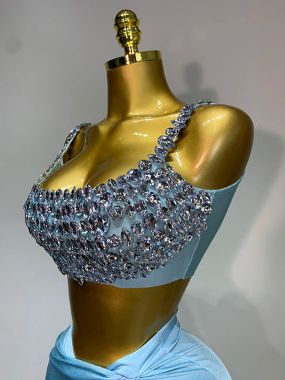 Women Sexy Stretched Crystal Diamonds Two Pieces Sparkly Evening Party Birthday Dress