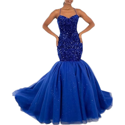 Sparkly Sequin Prom Women Long Tulle Halter Ball Gown Sleeveless Mermaid Formal Evening Party Dress