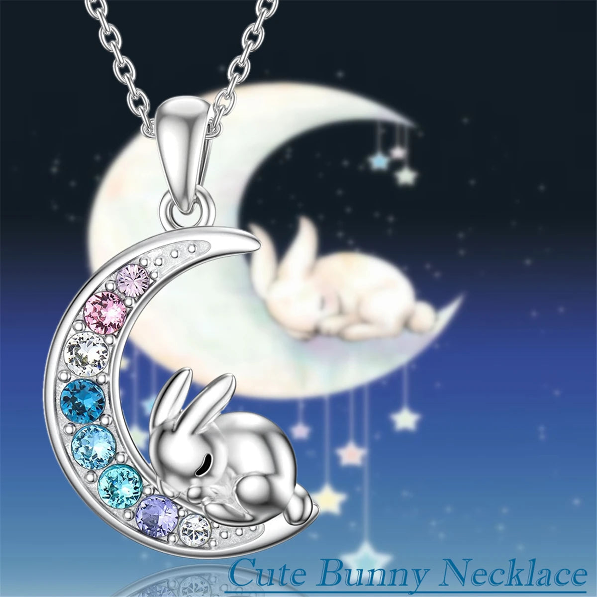 Creative Cute Pet Rabbit Colorful Crescent Bunny Pendant Necklace