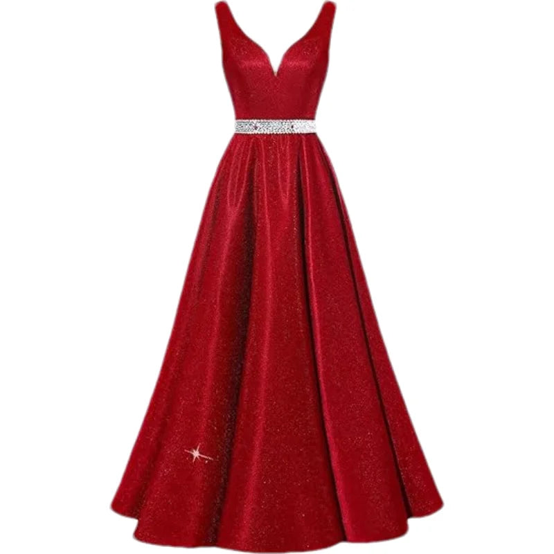 Women Glitter Satin Prom Long Corset V-Neck Beaded Belt Formal Evening Party Dress w/ Pockets